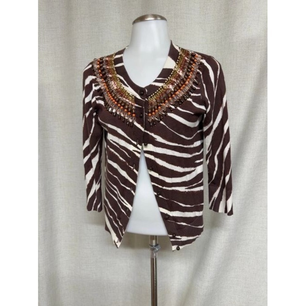 Kate Spade sz S New York W's Brown Zebra Print Cardigan Sweater Beaded Embellish